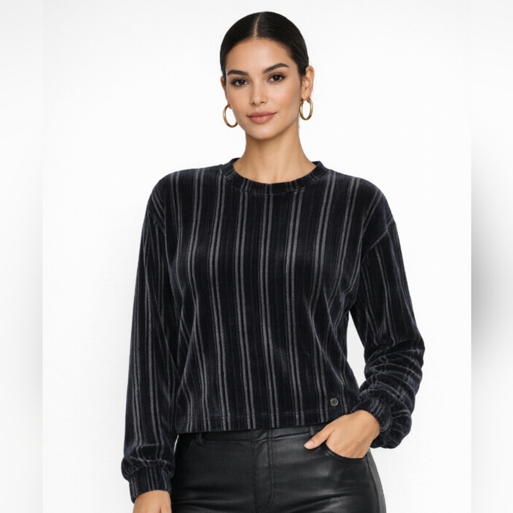 Andrew Marc Sport Velour Stripe Short Top Black XL